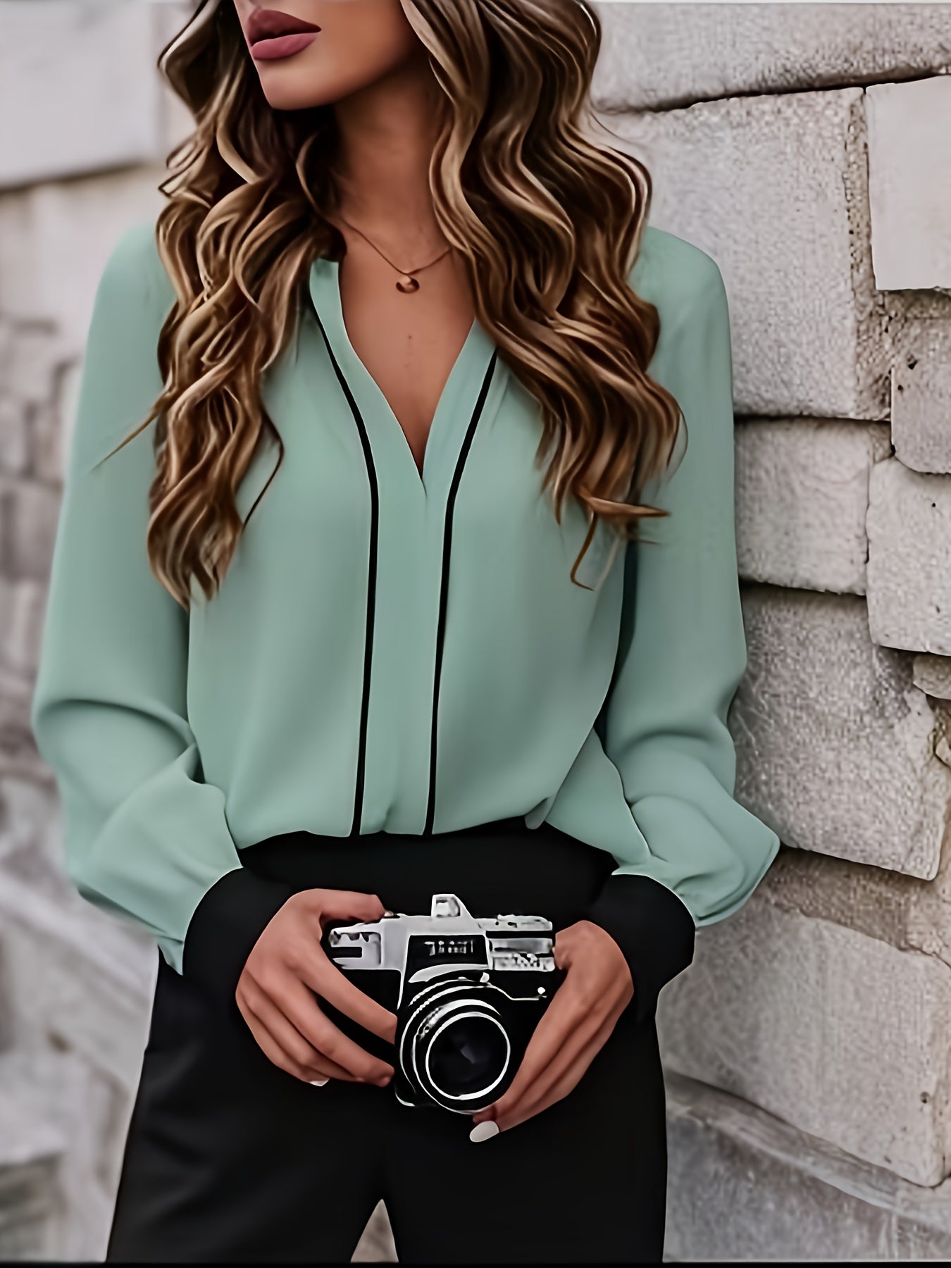 Women's Elegant Office Work Shirt, Color Block Cut-Out Collar Long Sleeve, Casual Fashion Two-Way Wear, Spring/Summer, Polyester, Solid Color, V-Neck, Adult, Woven Fabric